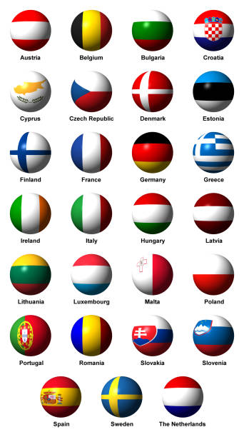 istock Collage of flags of the 27 EU countries with labels 1221984504