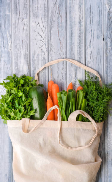 istock Textile bag with different food on wooden background with copy space 1221984962