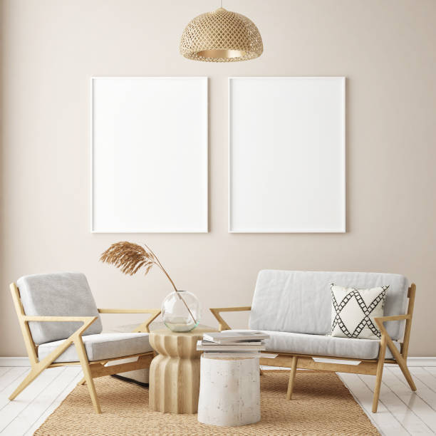 istock mock up poster frame in modern interior background, scandinavian style, 3D render 1221990757