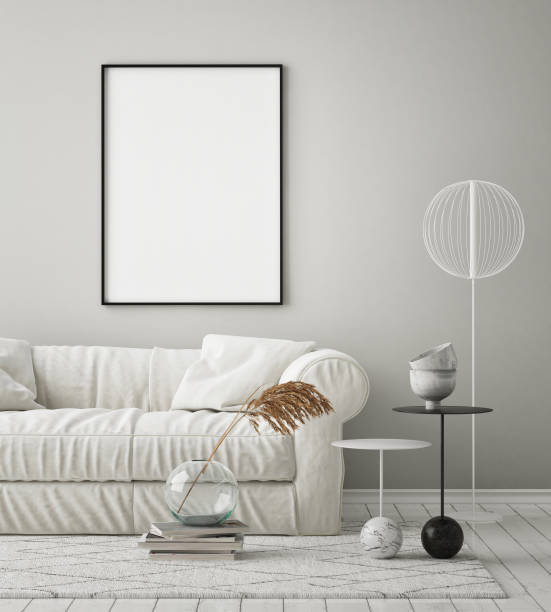 istock mock up poster frame in modern interior background, scandinavian style, 3D render 1221990762