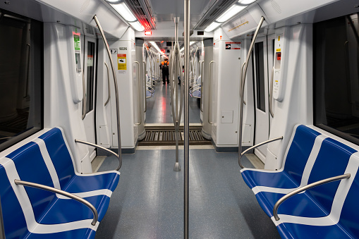 Barcelona, Spain. 26th Apr, 2020. Empty wagon of the metro in Barcelona during the coronavirus lockdown