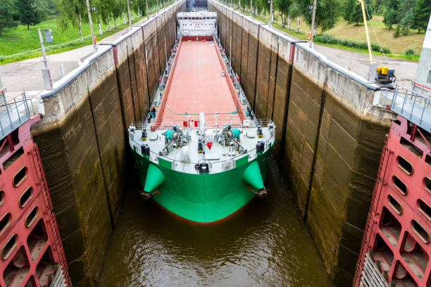 Vytegra, Russia - August 16, 2015: Close up image of cargo ship entered the White Sea-Baltic Canal Gateway.