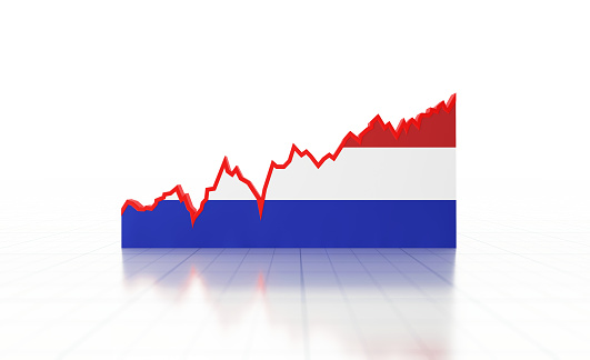 Volatile line graph textured with Dutch flag moving up on white background. Horizontal composition with copy space. Volatility in Dutch economy.