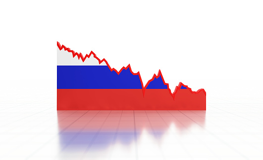 Volatile line graph textured with Russian flag moving going down on white background. Horizontal composition with copy space. Volatility in Russian economy.