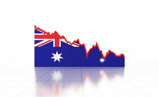 Volatile line graph textured with Australian flag moving going down on white background. Horizontal composition with copy space. Volatility in Australian economy.