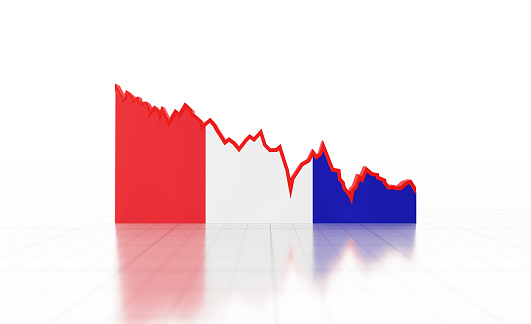 Volatile line graph textured with French flag moving going down on white background. Horizontal composition with copy space. Volatility in  French economy.