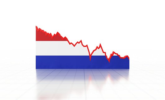 Volatile line graph textured with Dutch flag moving going down on white background. Horizontal composition with copy space. Volatility in Dutch economy.