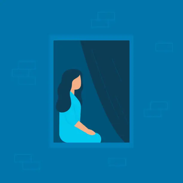 Vector illustration of Girl sits at home and looks out of window in evening or at night. Lonely young woman isolated on quarantine at home. Vector blue illustration