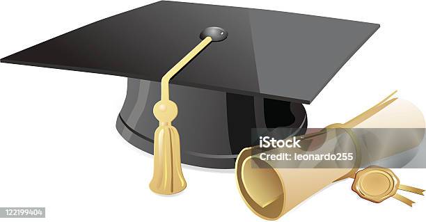 Graduação Cap E Diploma - Arte vetorial de stock e mais imagens de Chapéu de Finalista - Chapéu de Finalista, Diploma, Rolo de Papel