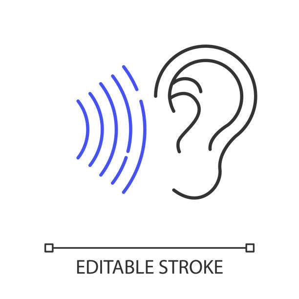 사운드 신호 선형 아이콘입니다. 가청 음파. 귀를 청취합니다. 시끄러운 소음 인식. 음성 통화. 가는 선 그림입니다. 등고선 기호입니다. 벡터 절연 윤곽선 도면. 편집 가능한 스트로크 - 귀 부분 stock illustrations