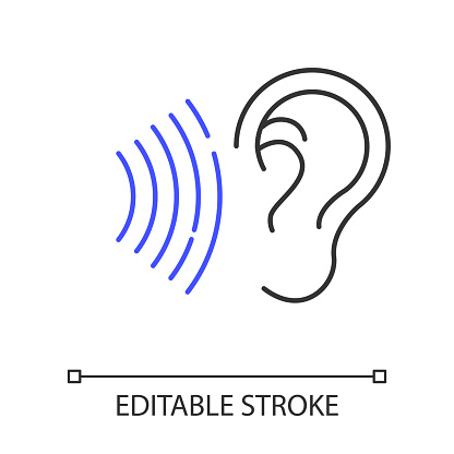 Sound signal linear icon. Audible soundwave. Listening ear. Loud noise perception. Voice call. Thin line illustration. Contour symbol. Vector isolated outline drawing. Editable stroke