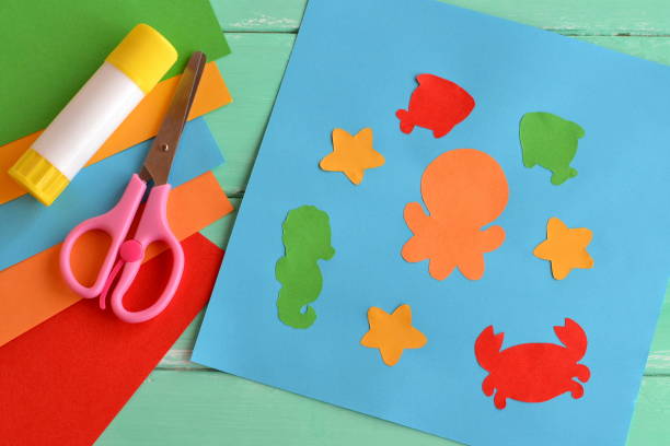 istock Paper ocean creatures, simple fun applique. Summer paper crafts for kids art projects. Cutting skills activities for kids. Paper applique ideas 1221996098