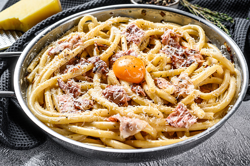 Pasta Carbonara, bucatini in the pan. Gray background. Top view.