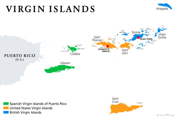 ilustraciones, imágenes clip art, dibujos animados e iconos de stock de mapa de las islas vírgenes con jurisdicciones políticas - us virgin islands
