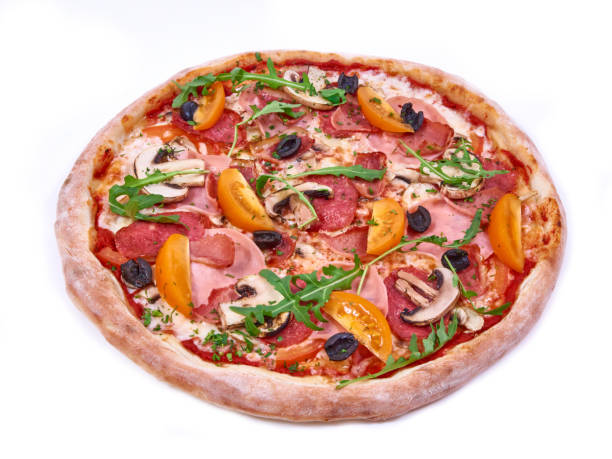 istock Meat Pizza with black olives isolated on white background 1222001208