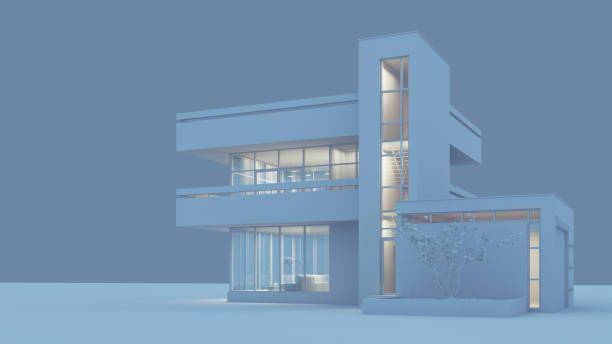 istock Modern house with a balcony and a high staircase, project in gray materials with night lighting and light from the windows on a gray background. 3D stock illustration. 1222001333