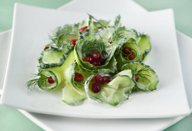 istock Fresh cucumber salad with dill and pomegranate kernels, in yoghurt sauce 1222001621