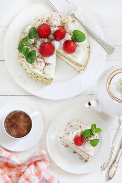 istock Sundae cake with strawberries and a cup of coffee 1222002092