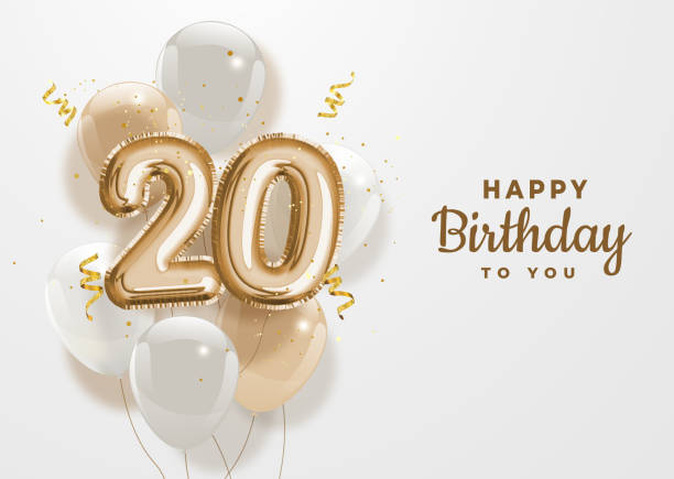 illustrazioni stock, clip art, cartoni animati e icone di tendenza di buon 20 ° compleanno palloncino in foil d'oro sfondo di saluto. - $20