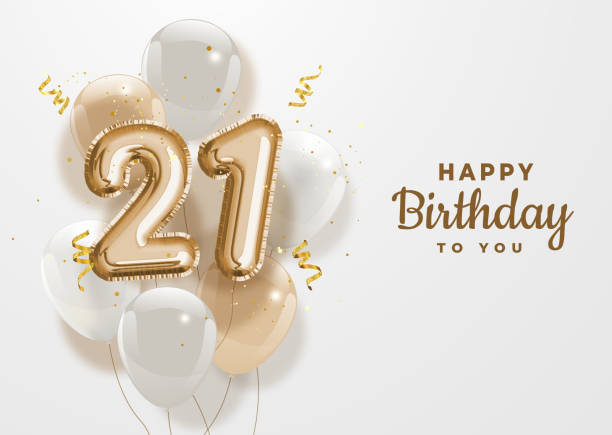 Happy 21th birthday gold foil balloon greeting background. Happy 21th birthday gold foil balloon greeting background. 21 years anniversary logo template- 21th celebrating with confetti. Vector stock. helium stock illustrations