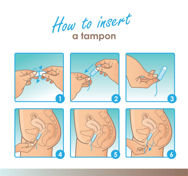 ilustraciones, imágenes clip art, dibujos animados e iconos de stock de cómo insertar un tampón sin aplicador. instrucción vectorial sobre cómo usar un tampón - tampon menstruation applicator hygiene