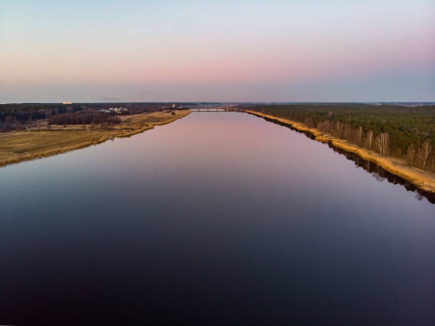 istock Areal drone view of small river near pine tree forest. 1222005792
