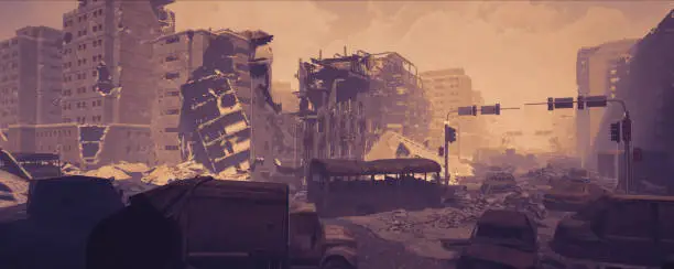 Photo of wasteland city and apocalypse aftermath, ruins of city. 3d render, 3d illustration