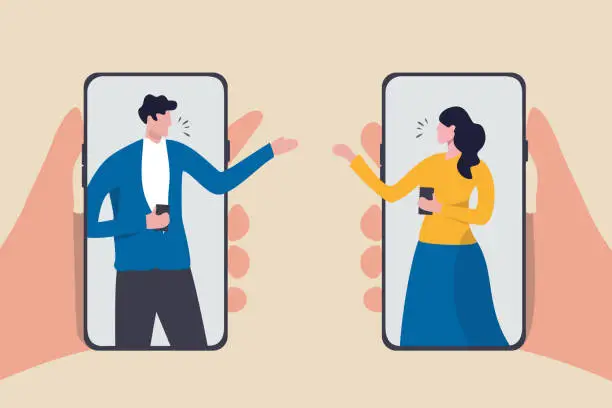 Vector illustration of Video conference during COVID-19 Coronavirus outbreak, people using technology work at home remotely concept, man and woman teammate working remotely using smartphone or mobile phone for meeting.