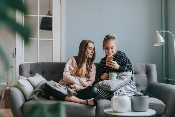 ソファの自宅でスマートフォンを使用して2人の10代の女の子 - two girls ストックフォトと画像