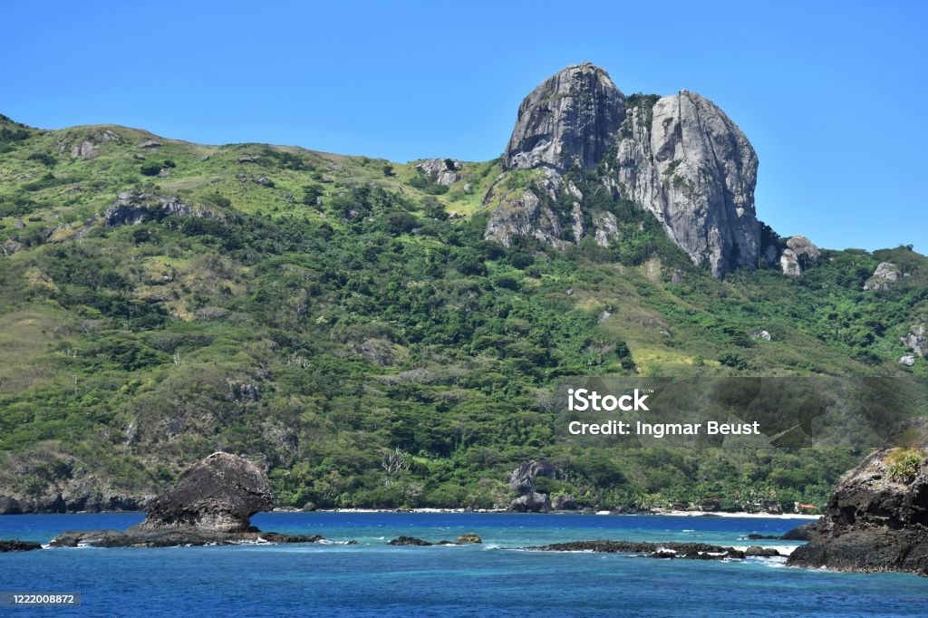 View of Yasawa islands coastline Fiji Rocky island seen from the water Aquatic Sport Stock Photo