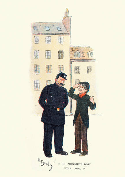 ilustraciones, imágenes clip art, dibujos animados e iconos de stock de joven hablando con un oficial de policía francés, victoriano, siglo xix - policia antigua francia