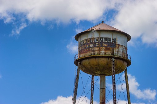 Greenville, Tennessee, USA, - April 18, 2020:  An old dilapidated water tower in Greenville, Tennessee.