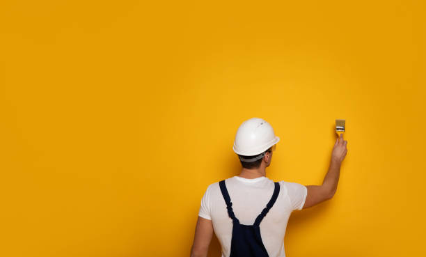 vernice gialla. foto ravvicinata dell'uomo in tuta da lavoro e casco bianco, che sta dipingendo un muro in yelllow. - back against the wall foto e immagini stock