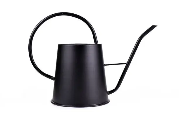 Side view of elegant retro style black metal watering can isolated on white background