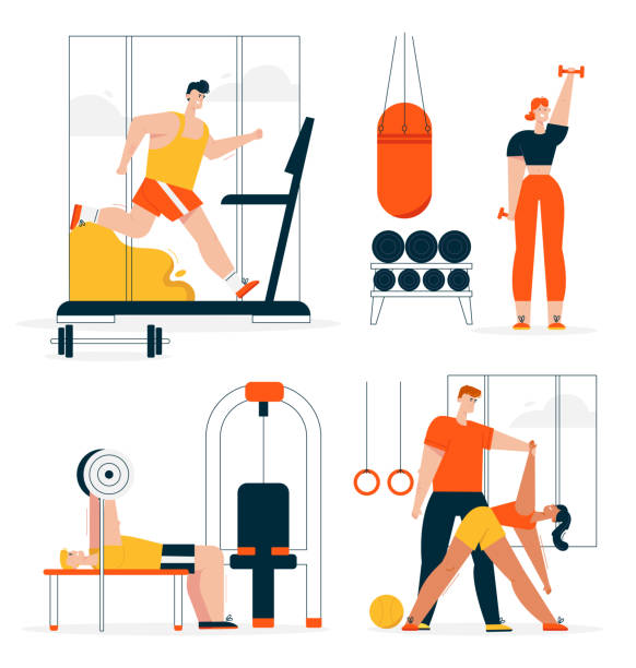 ilustrações de stock, clip art, desenhos animados e ícones de vector character illustration fitness in gym set - athlete muscular build yoga female