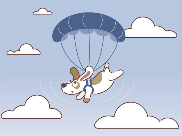 istock Happy cute dog are flying on parachutes. 1222015061