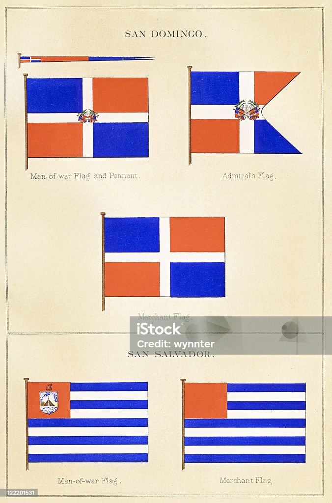 Marítimo Banderas de la República Dominicana y El Salvador, circa 1876 - Ilustración de stock de América Central libre de derechos