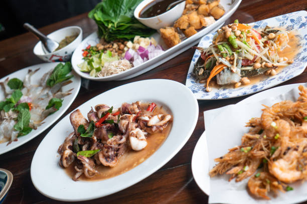 istock Background delicious tasty authentic real exotic Thai seafood meal set for lunch and dinner food. Healthy organic homemade fresh seafood true local menu natural ingredient from local fisherman market 1222016736