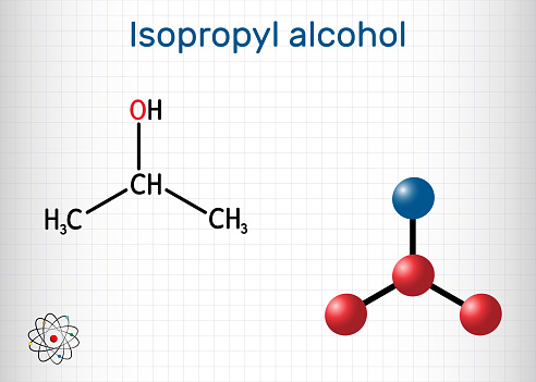 Isopropyl alcohol, 2-propanol, isopropanol, C3H8O molecule. It is isomer of propyl alcohol, used as antiseptic in disinfectants, detergents. Sheet of paper in a cage. Vector illustration