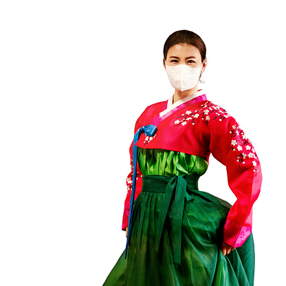 The woman wearing Korean traditional dress and medical mask isolated of white background. Concept of coronavirus quarantine.