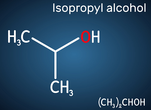 Isopropyl alcohol, 2-propanol, isopropanol, C3H8O molecule. It is isomer of propyl alcohol, used as antiseptic in disinfectants, detergents. Structural chemical formula on the dark blue background. Vector illustration