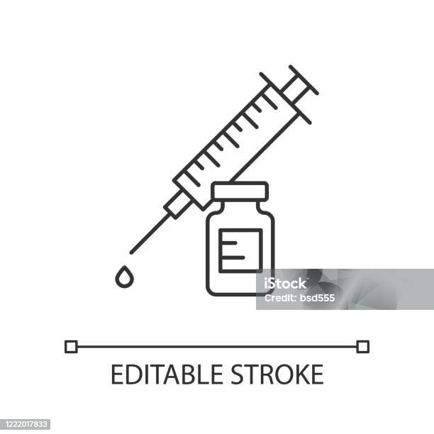 Ilustración de Icono Lineal De Vacunación Jeringa Con Vial Prevención Común Del Frío Vacuna De Inmunización Medicamentos Y Farmacia Ilustración De Línea Fina Símbolo De Curva De Nivel Dibujo De Contorno Aislado Vectorial Trazo Editable y más Vectores Libres de Derechos de Ícono