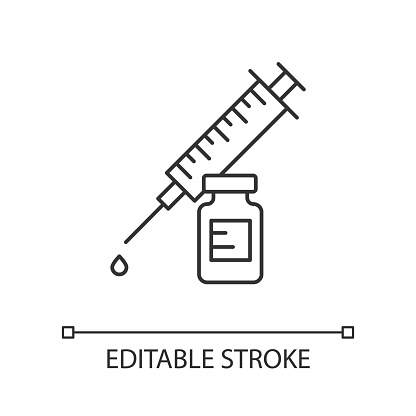 Vaccination linear icon. Syringe with vial. Common cold prevention. Immunization shot. Medication and pharmacy. Thin line illustration. Contour symbol. Vector isolated outline drawing. Editable stroke