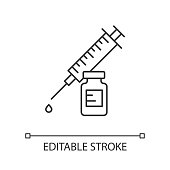 istock Vaccination linear icon. Syringe with vial. Common cold prevention. Immunization shot. Medication and pharmacy. Thin line illustration. Contour symbol. Vector isolated outline drawing. Editable stroke 1222017833