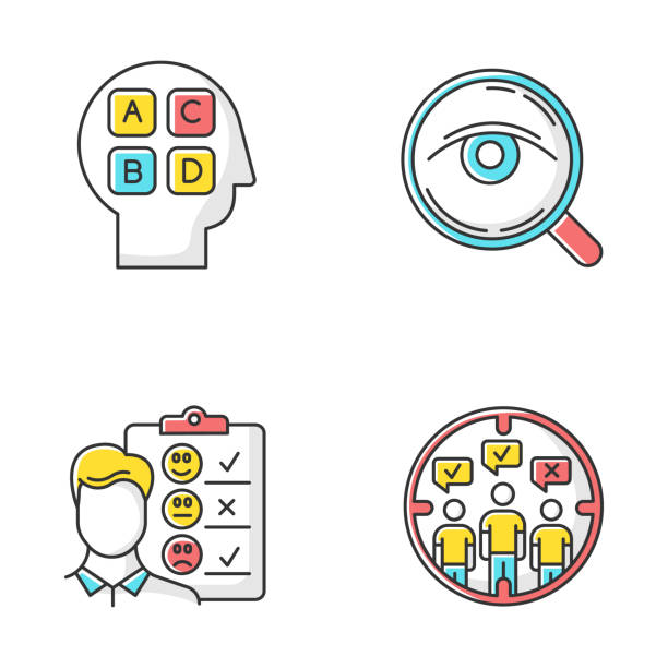 Survey methods color icons set. Analysis. Interview. Emotional opinion. Target population. Public opinion. Personality test. Customer review. Feedback. Sociology. Isolated vector illustrations Survey methods color icons set. Analysis. Interview. Emotional opinion. Target population. Public opinion. Personality test. Customer review. Feedback. Sociology. Isolated vector illustrations personality test stock illustrations