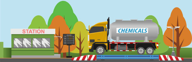 Chemical trucks on the weighing scales. Chemical trucks on the weighing scales on the company side. Access control kiosk with weight display panel and CCTV. truck weigh station stock illustrations