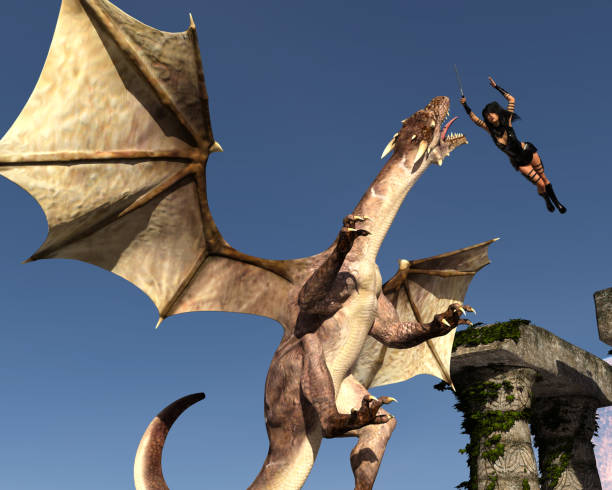 istock Illustration of a female warrior leaping toward a flying dragon 1222020006