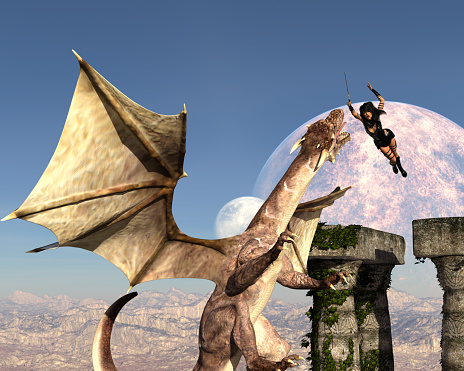 3d illustration of a female warrior leaping from ancient ruins toward a flying dragon with a sword against a full moon in the background.