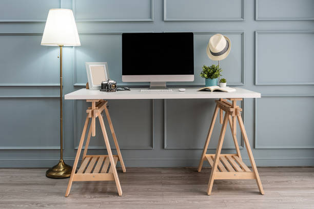 istock Modern interior. Comfortable workplace. Wooden table with beautiful and computer, 1222024605