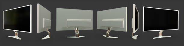 istock renders from different angles of white computer display with fictive design isolated on grey - photorealistic 3D illustration of object 1222024648